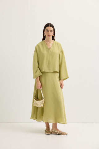 Draped V-Neck Tencel Blouse & Skirt Set Olive Green