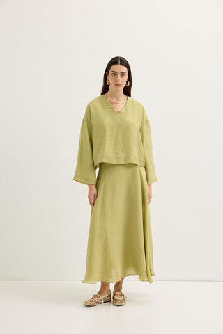 Draped V-Neck Tencel Blouse & Skirt Set Olive Green