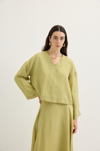 Draped V-Neck Tencel Blouse & Skirt Set Olive Green