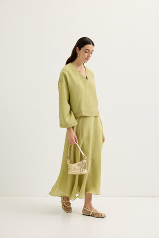 Draped V-Neck Tencel Blouse & Skirt Set Olive Green