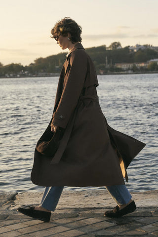 Double Bust Lined Long Trench Coat Brown