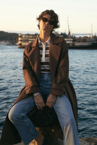 Double Bust Lined Long Trench Coat Brown