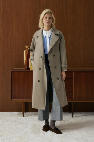 Double Bust Lined Long Trench Coat Light Green