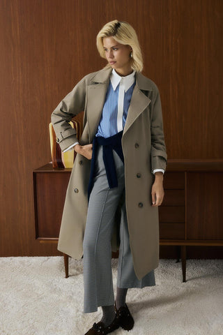 Double Bust Lined Long Trench Coat Light Green