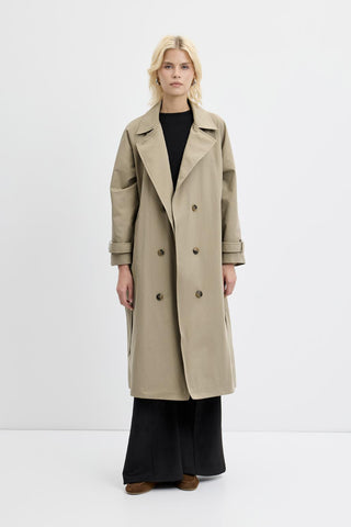 Double Bust Lined Long Trench Coat Light Green