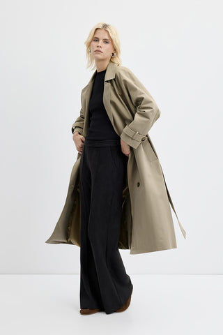 Double Bust Lined Long Trench Coat Light Green