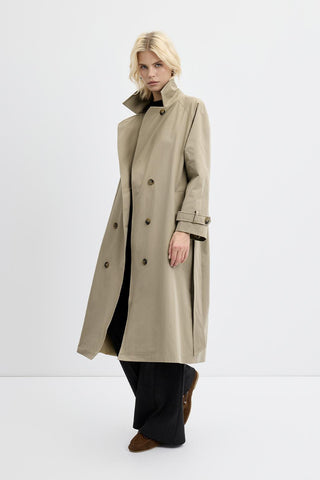 Double Bust Lined Long Trench Coat Light Green