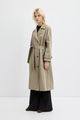 Double Bust Lined Long Trench Coat Light Green