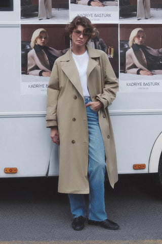 Double Bust Lined Long Trench Coat Light Green