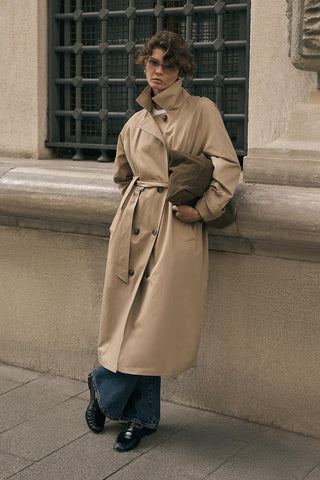 Double Bust Lined Long Trench Coat Stone