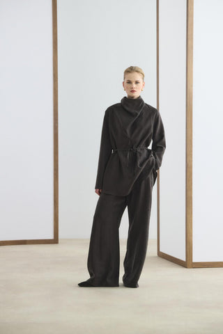 Draped Collar Tencel Tunic Trousers Set Dark Brown