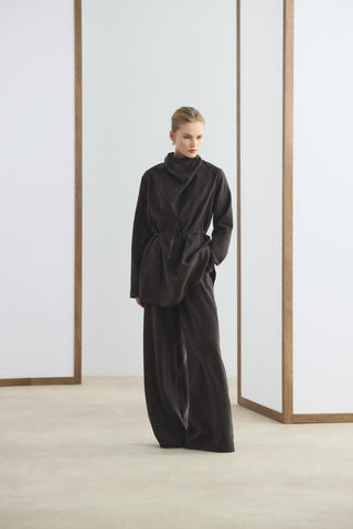 Draped Collar Tencel Tunic Trousers Set Dark Brown