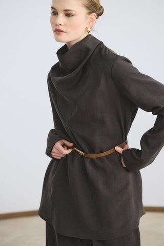 Draped Collar Tencel Tunic Trousers Set Dark Brown