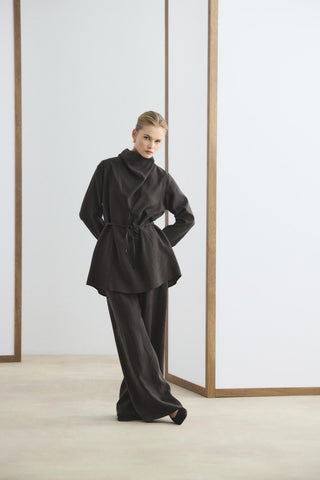Draped Collar Tencel Tunic Trousers Set Dark Brown