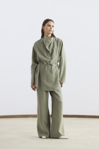 Draped Collar Tencel Tunic Trousers Set Sage