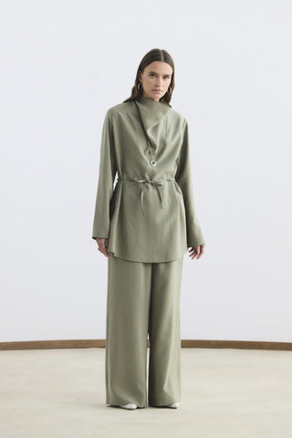 Draped Collar Tencel Tunic Trousers Set Sage