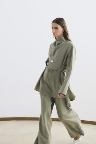 Draped Collar Tencel Tunic Trousers Set Sage