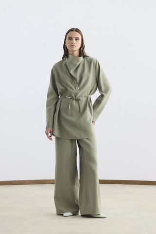 Draped Collar Tencel Tunic Trousers Set Sage