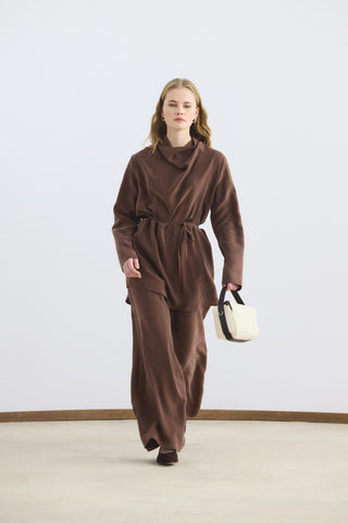 Draped Collar Tencel Tunic Trousers Set Chestnut
