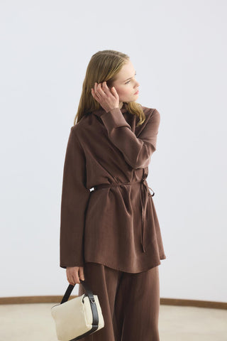 Draped Collar Tencel Tunic Trousers Set Chestnut