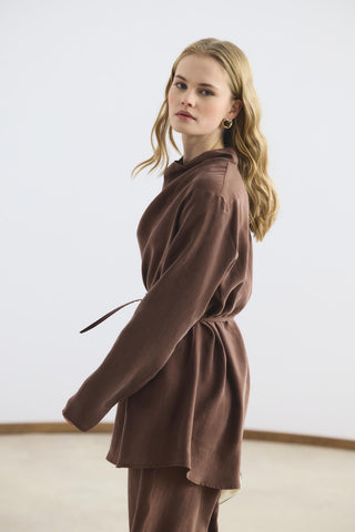 Draped Collar Tencel Tunic Trousers Set Chestnut