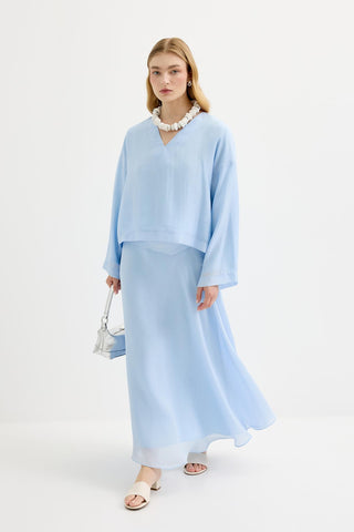 Draped V-Neck Tencel Blouse & Skirt Set Light Blue