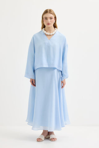 Draped V-Neck Tencel Blouse & Skirt Set Light Blue