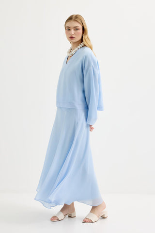 Draped V-Neck Tencel Blouse & Skirt Set Light Blue