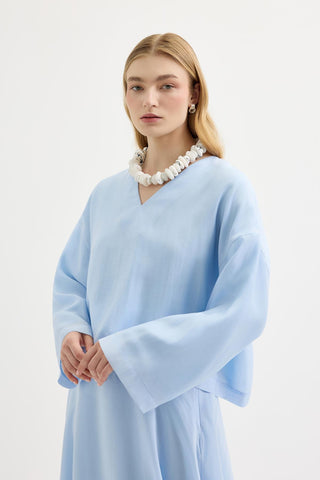Draped V-Neck Tencel Blouse & Skirt Set Light Blue