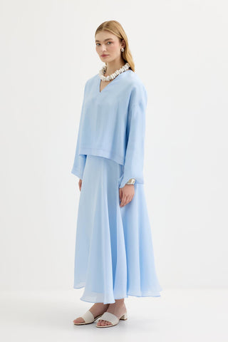 Draped V-Neck Tencel Blouse & Skirt Set Light Blue