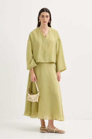 Draped V-Neck Tencel Blouse & Skirt Set Olive Green