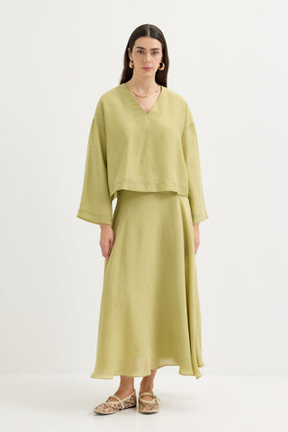Draped V-Neck Tencel Blouse & Skirt Set Olive Green