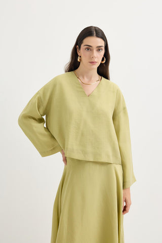 Draped V-Neck Tencel Blouse & Skirt Set Olive Green