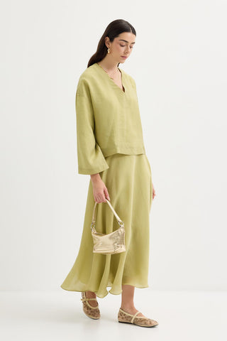 Draped V-Neck Tencel Blouse & Skirt Set Olive Green
