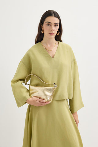 Draped V-Neck Tencel Blouse & Skirt Set Olive Green