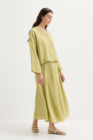 Draped V-Neck Tencel Blouse & Skirt Set Olive Green