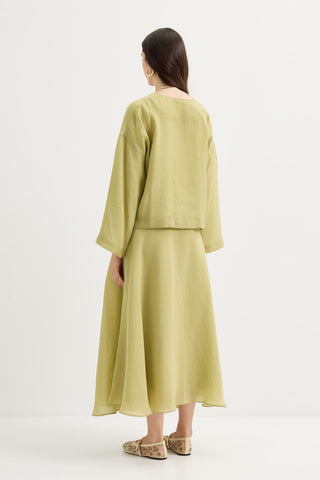 Draped V-Neck Tencel Blouse & Skirt Set Olive Green