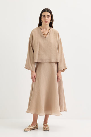 Draped V-Neck Tencel Blouse & Skirt Set Taupe