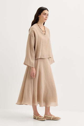 Draped V-Neck Tencel Blouse & Skirt Set Taupe