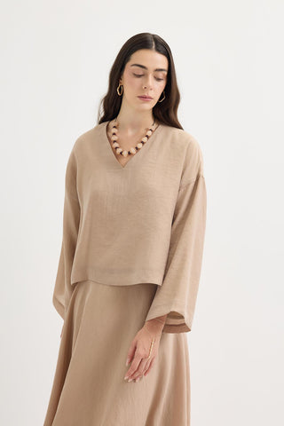 Draped V-Neck Tencel Blouse & Skirt Set Taupe