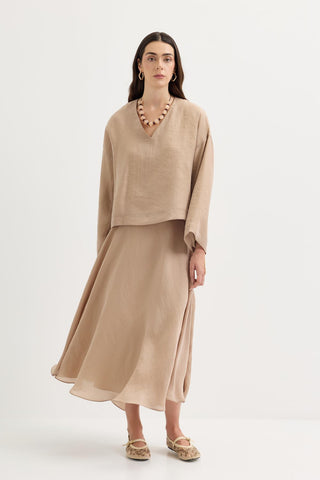 Draped V-Neck Tencel Blouse & Skirt Set Taupe
