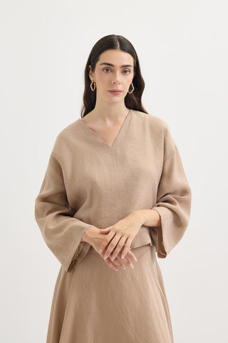 Draped V-Neck Tencel Blouse & Skirt Set Taupe
