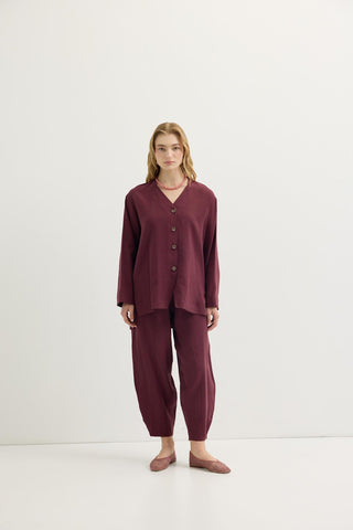 Buttoned Modal Tunic & Trousers Set Burgundy