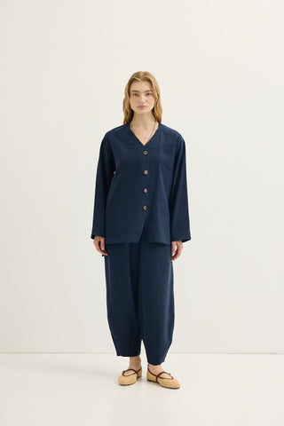 Buttoned Modal Tunic & Trousers Set Navy Blue