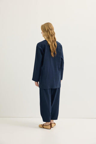 Buttoned Modal Tunic & Trousers Set Navy Blue