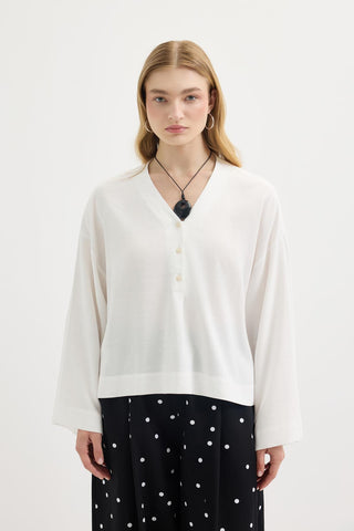 Buttoned V-Neck Linen Shirt Ecru