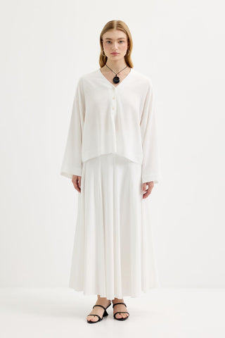 Buttoned V-Neck Linen Shirt Ecru