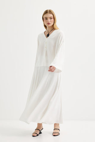 Buttoned V-Neck Linen Shirt Ecru