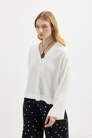 Buttoned V-Neck Linen Shirt Ecru