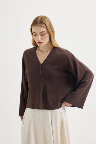 Buttoned V-Neck Linen Shirt Brown